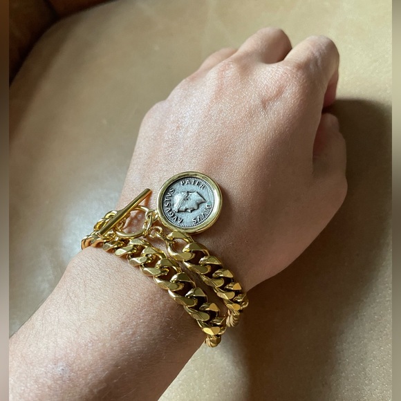 Gold silver plated Roman augustus coin gold plated curb chain toggle choker - Picture 6 of 8